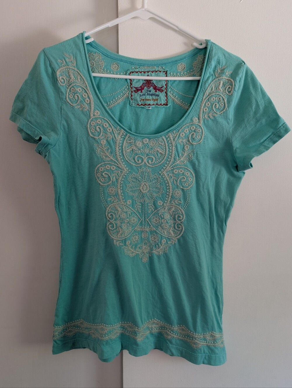 Johnny Was Light Teal And Cream Embroidered Scoop Neck Top Turquoise Size Medium
